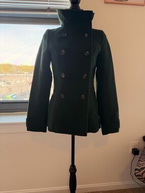 H&M Women's Dark Green Double-Breasted Wool Blend Peacoat